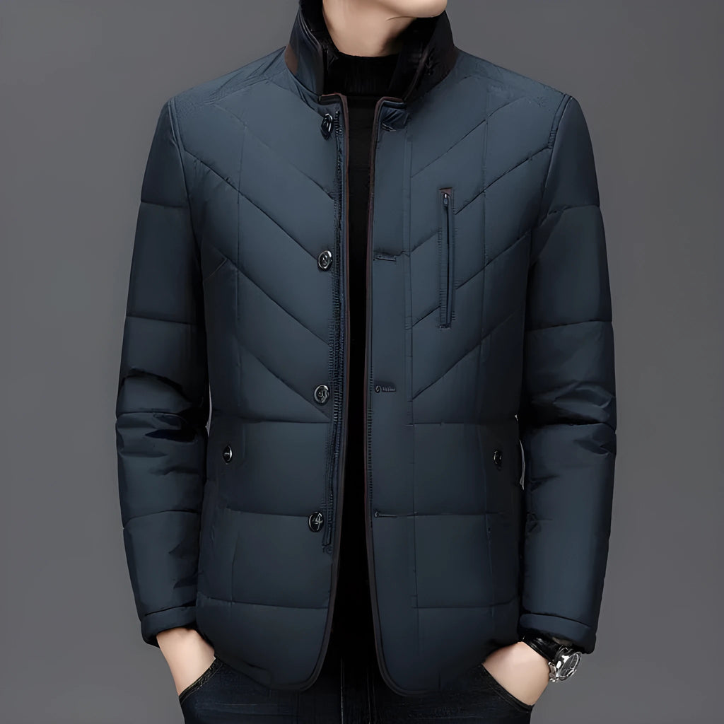 Men's dark blue winter short cotton-padded coat with side seam pockets on a size chart