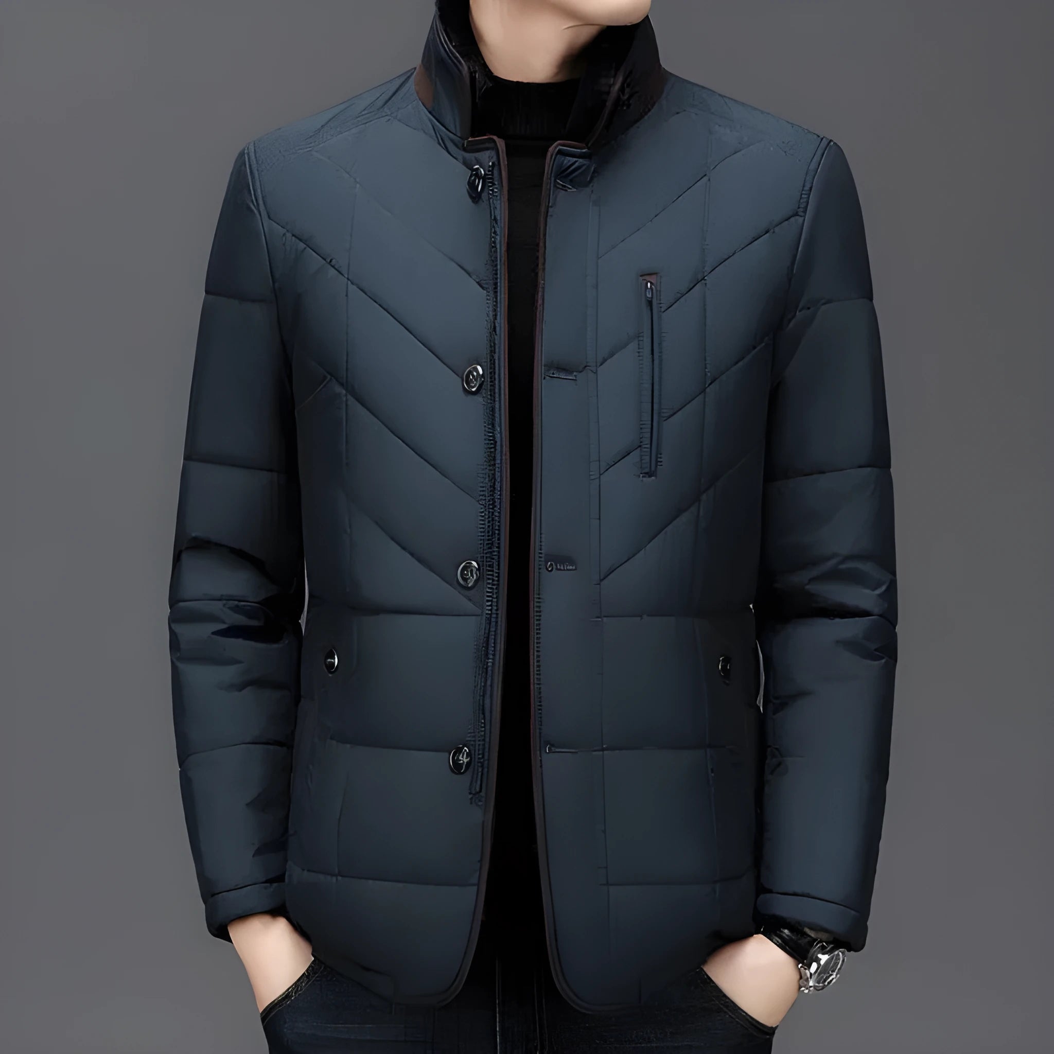 Men's dark blue winter short cotton-padded coat with side seam pockets on a size chart
