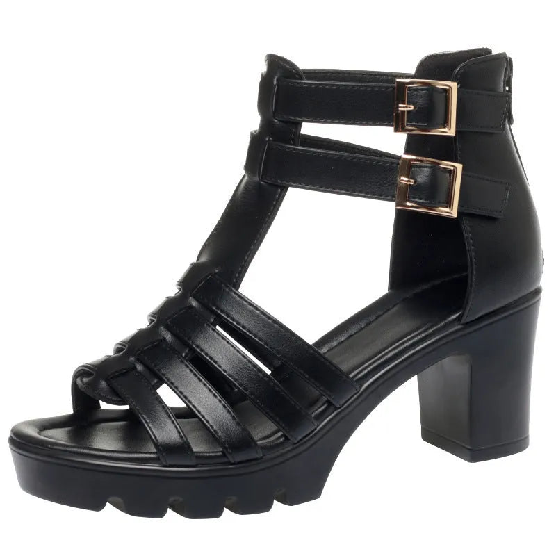 Women's summer hollow-out high heel shoes with rhinestones, buckle fastening, PU upper, in beige, fish mouth toe