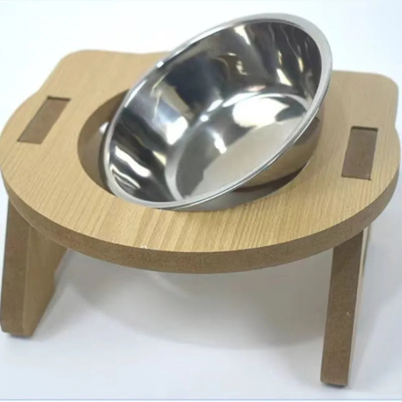 Wooden cat bowl feeder with two stainless steel bowls for water and food, anti-overturning base