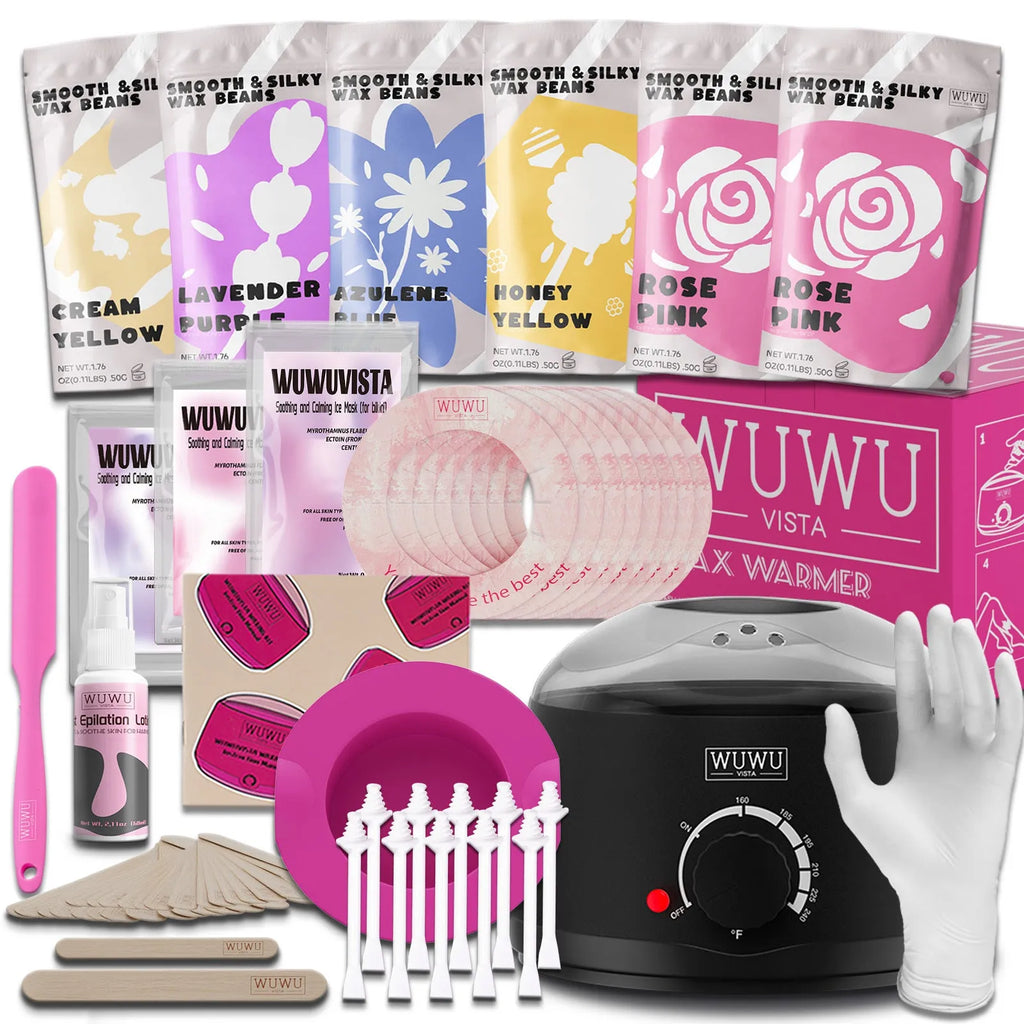WUWUVISTA 56 piece professional waxing kit with black wax warmer, wax beads, applicators, and aftercare products