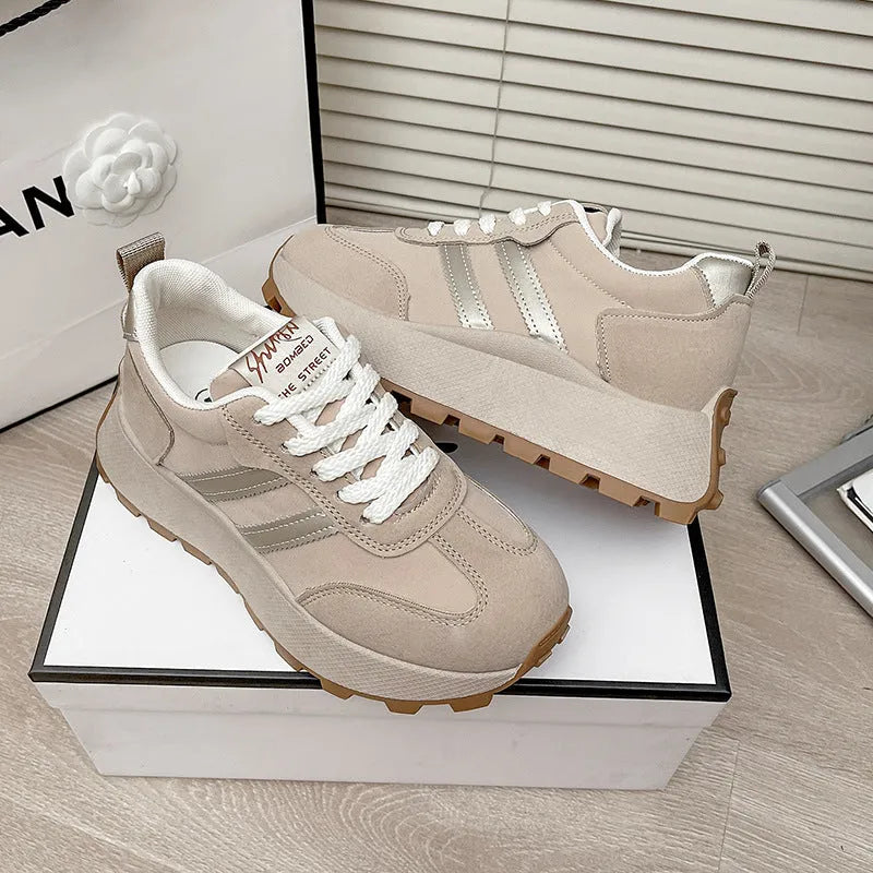 Women's platform casual sneaker in beige with round toe and mid-cut design