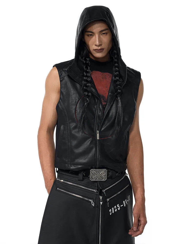 Short hood slim fit men's PU leather waistcoat in black with five-pointed star detail