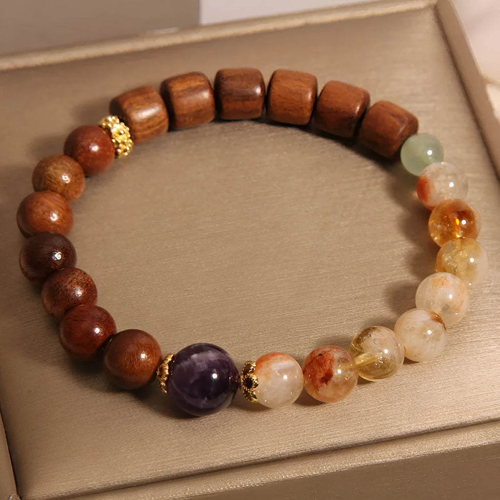 Women's pastoral bracelet with yellow tower crystal, amethyst stones, pearls and rhinestones