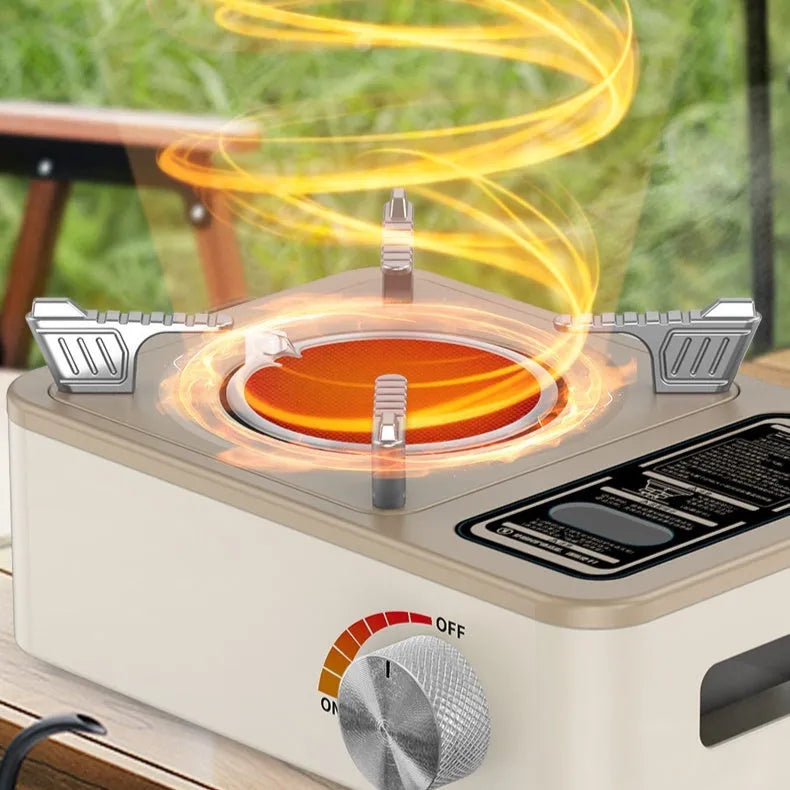 White portable infrared gas stove with no open flame, windproof heat gathering design for outdoor camping