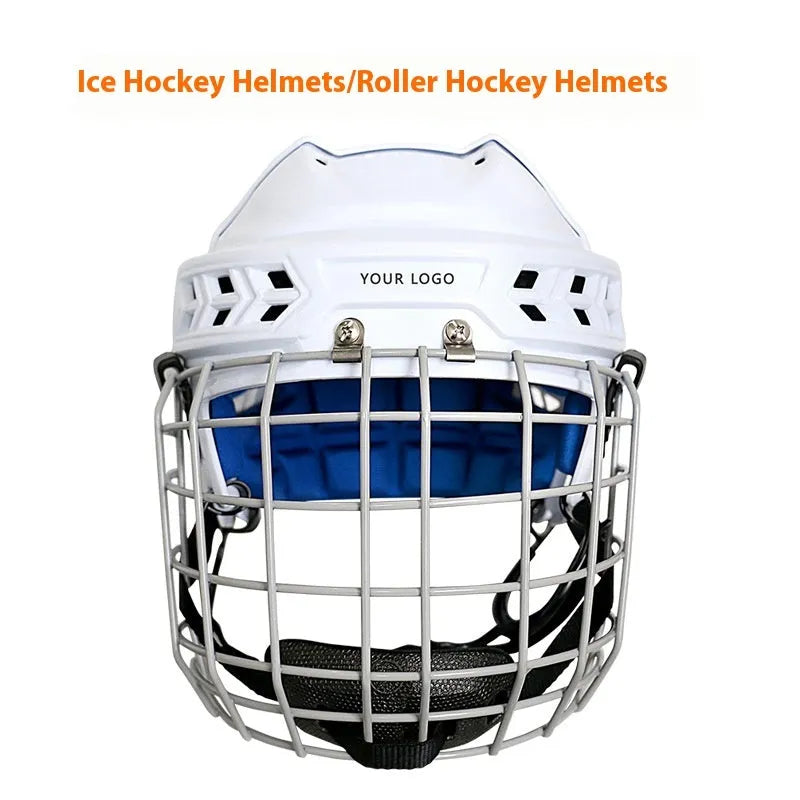 Ice hockey helmet with a carbon steel face mask and black impact-resistant shell.