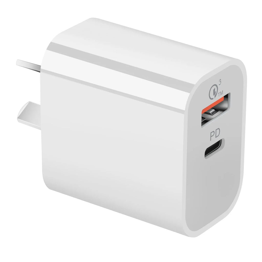 White dual port Australian standard charger with USB-A and USB-C interfaces, compact 63x40x22mm size