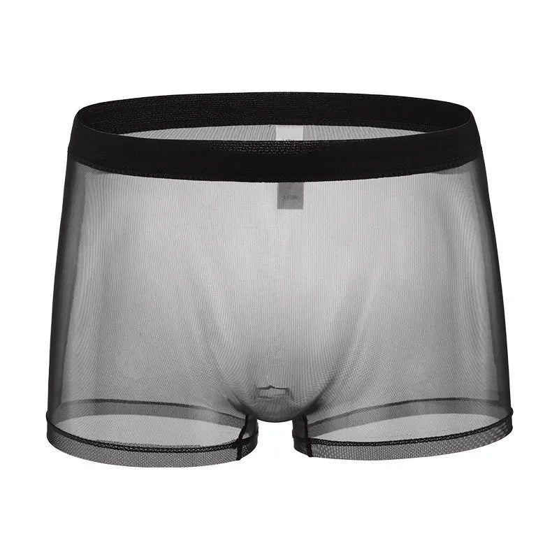 Men's thin sheer mesh boxer briefs in multiple colours on a white background