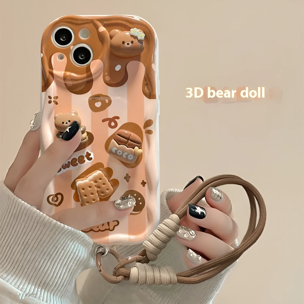 Cream pattern silicone phone case with chocolate bear doll lanyard for iPhone 15 Pro