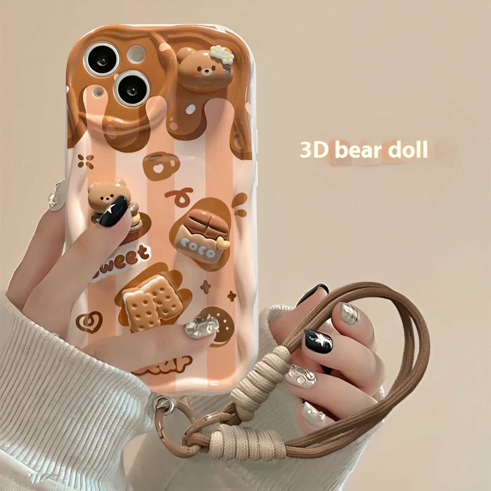 Cream pattern silicone phone case with chocolate bear doll lanyard for iPhone 15 Pro