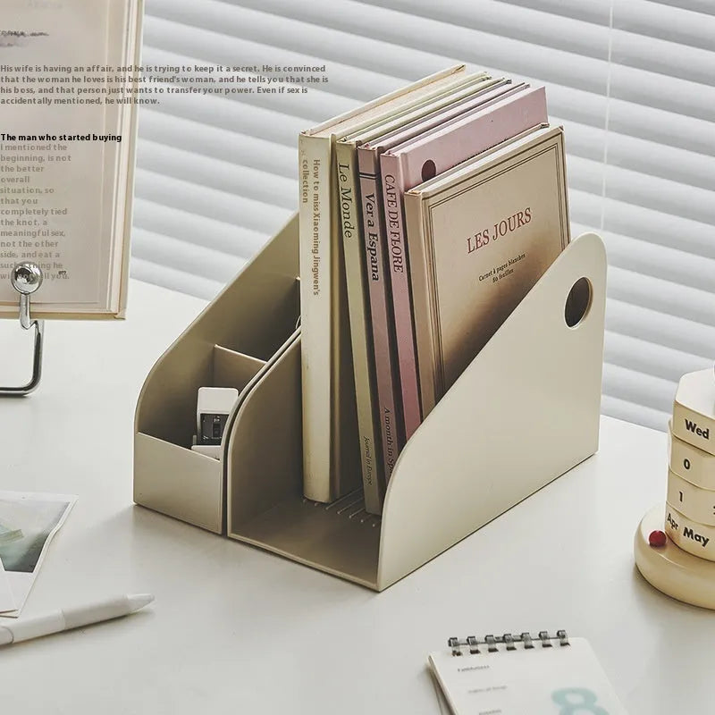 Desktop storage box with two compartments in milk coffee colour, dimensions 14.5x17x22cm
