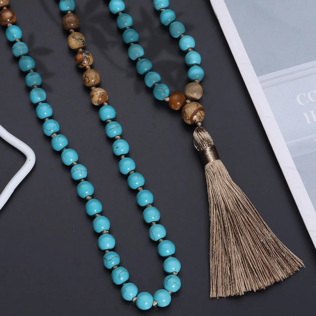 Handmade 108 mala necklace with vintage turquoise painted stone beads on a ball bead chain, blue pine colour, unisex design