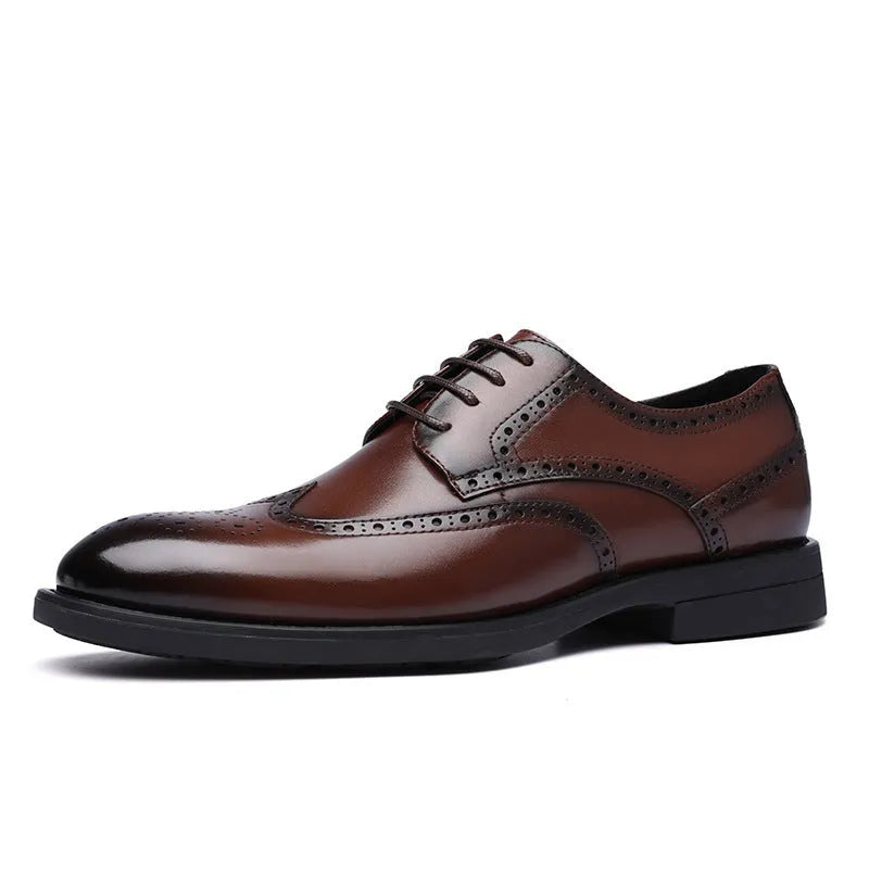 Men's black brogue leather shoes with traditional perforated toe design on business styling