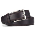 Men's black genuine leather belt with silver alloy pin buckle, showing adjustment holes and patent leather finish.