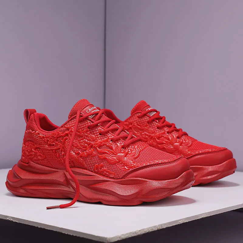 Chinese Loong breathable fly knit sneakers with dragon design and rubber sole in casual style