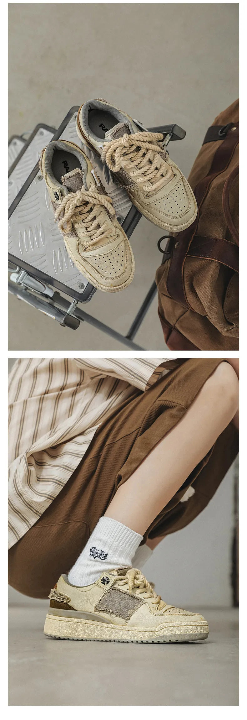 Beige low top skateboard shoes with rubber sole and front lace-up design