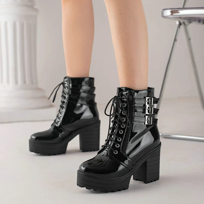 Women's casual short boots with thick heel and waterproof platform in solid colours like black and red