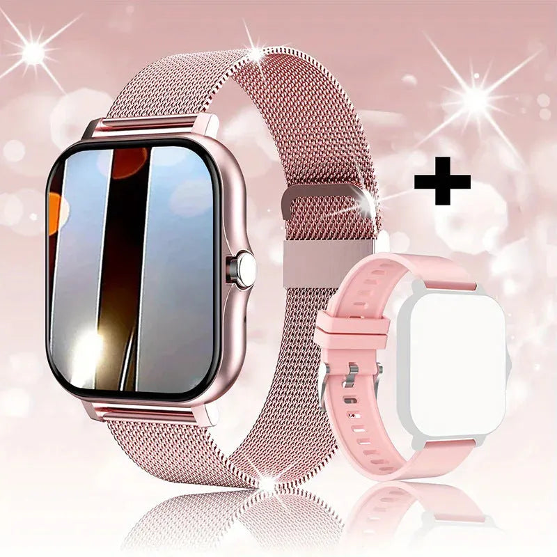 Smart watch with 1.44-inch touch screen showing heart rate display on silicone strap