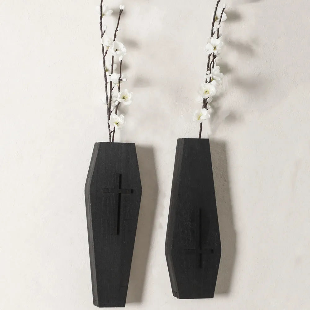 Black wooden cross wall vase shelf with open top for stems, 27cm tall, wall-mounted pendant design