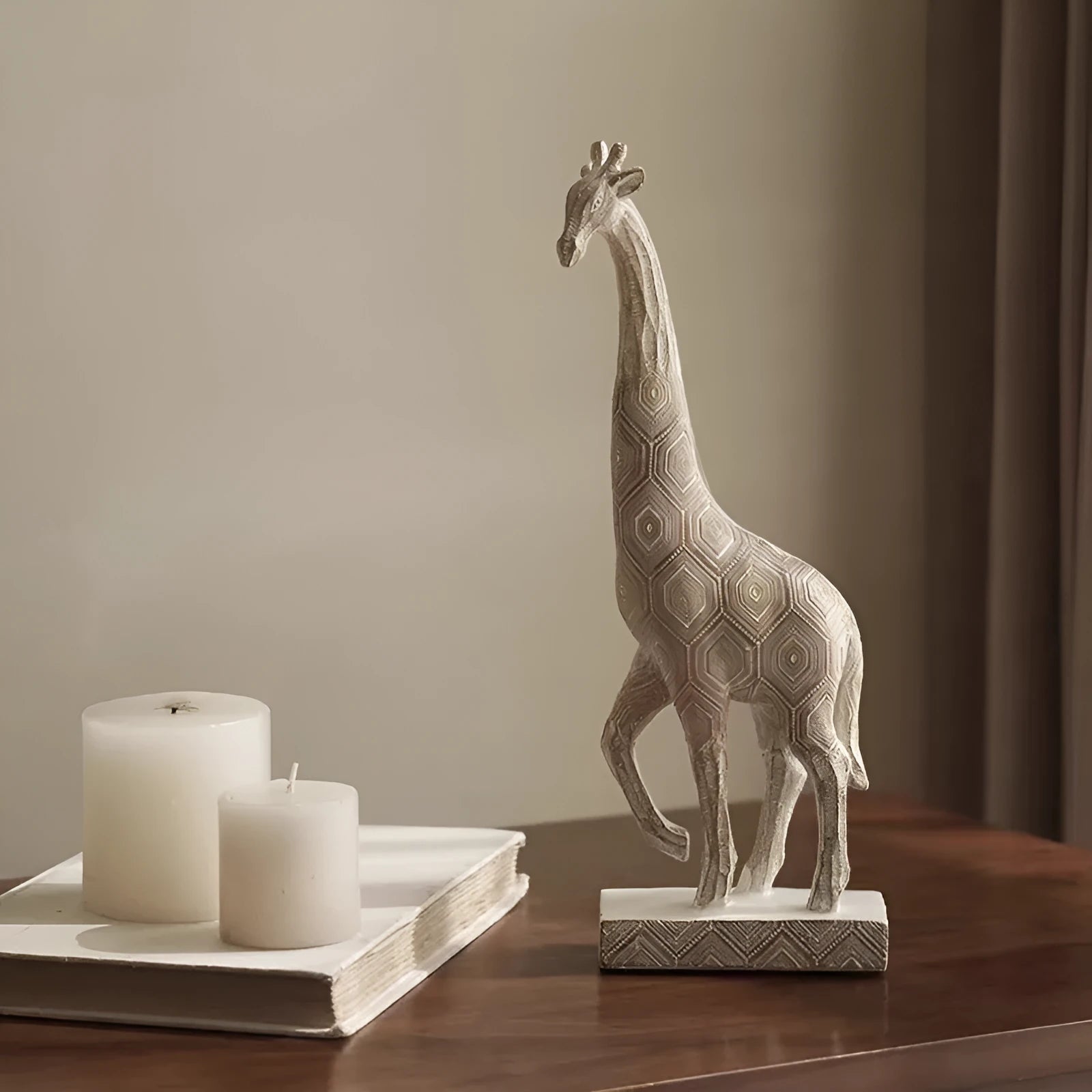 Wood colour European-style resin giraffe decorative figurine, 30.5cm tall.