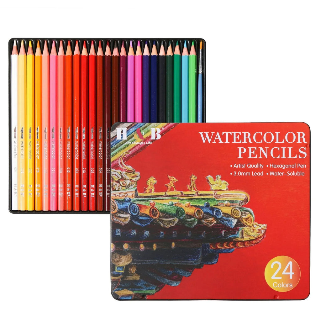 Metal tin box open to show 24 wooden water-soluble coloured pencils in assorted colours.