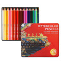 Metal tin box open to show 24 wooden water-soluble coloured pencils in assorted colours.