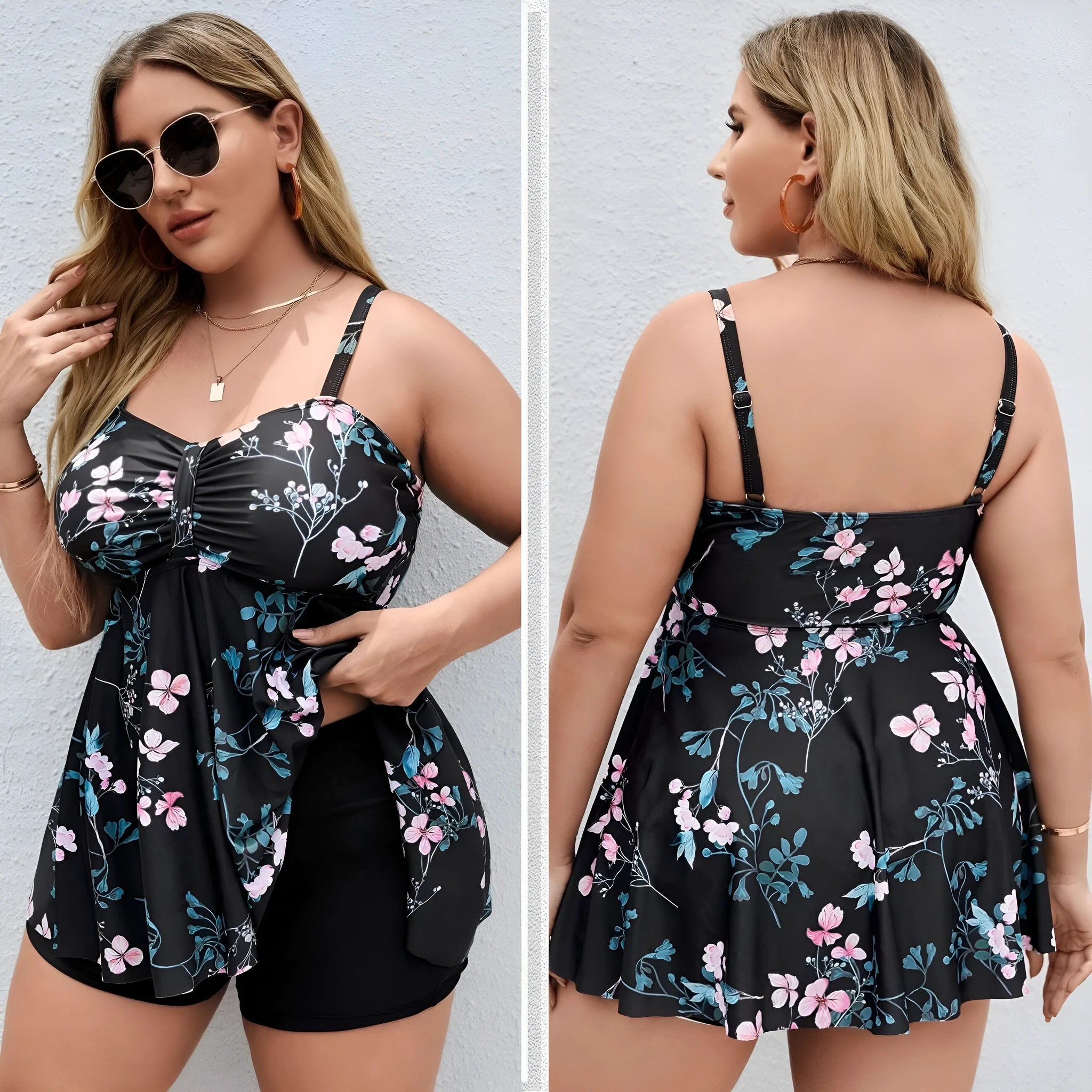 Women's floral print one-piece swimsuit on a hanger, showing split colour design.