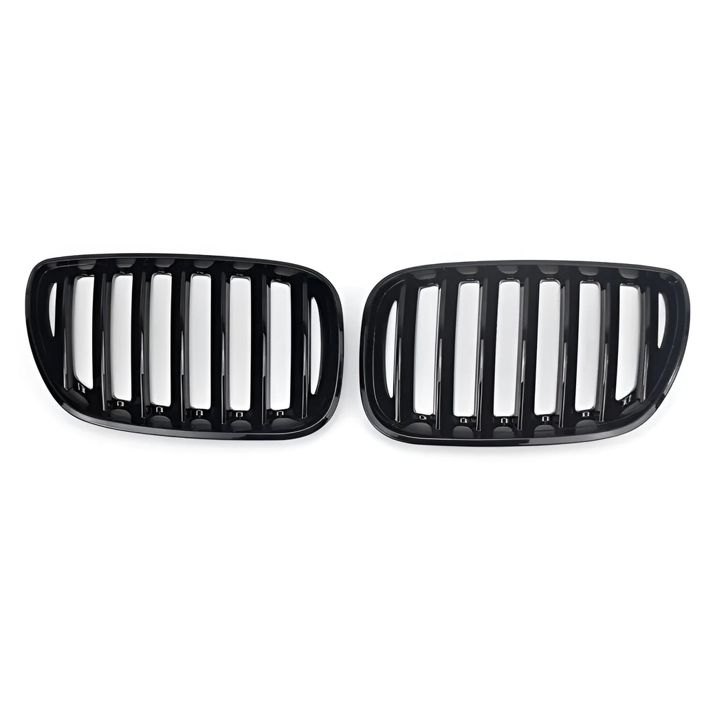 Bright black ABS medium mesh front grille set for BMW X5 E53 2000-2003, pair of two grilles