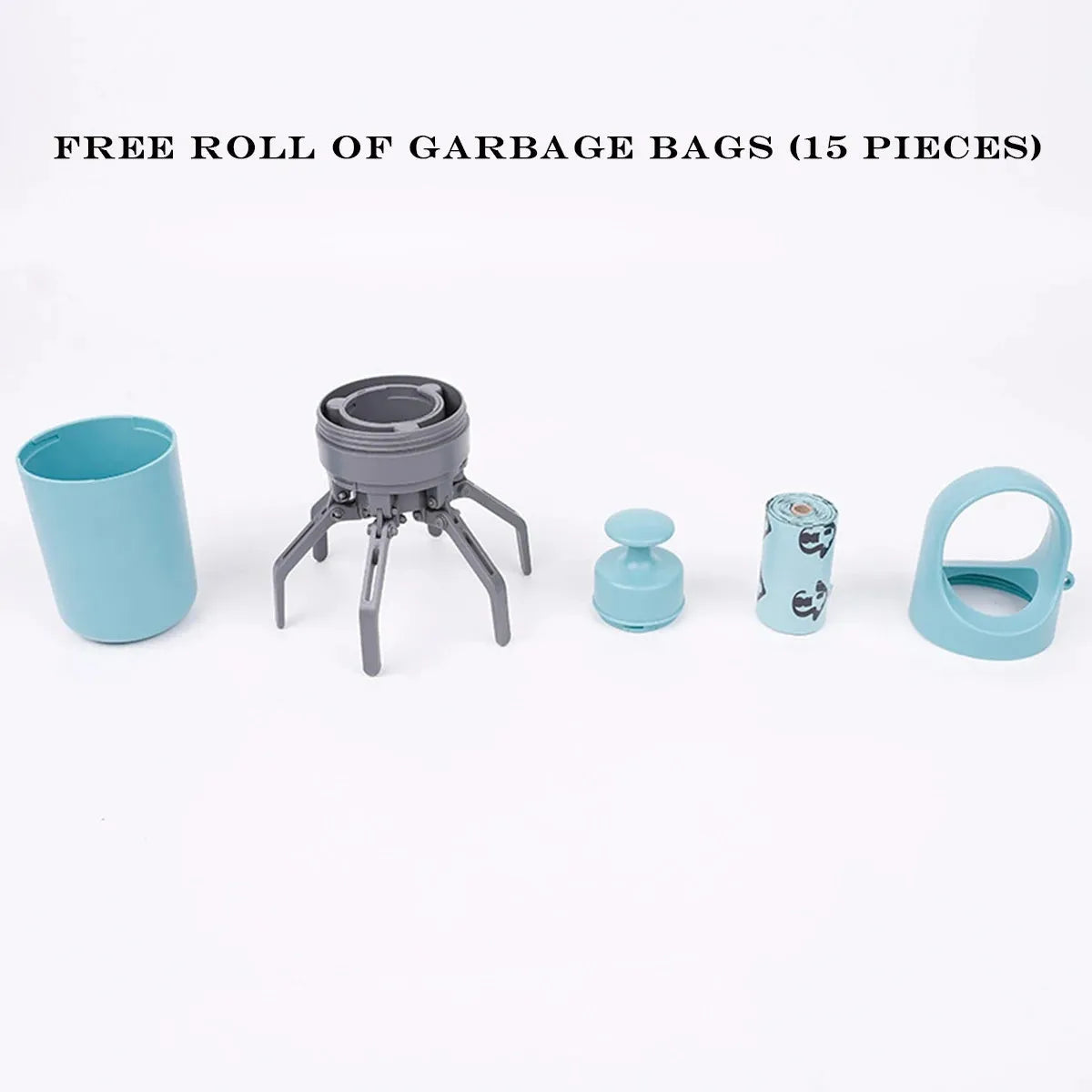 Portable dog pooper scooper with claw scoop and built-in garbage bag dispenser in blue colour