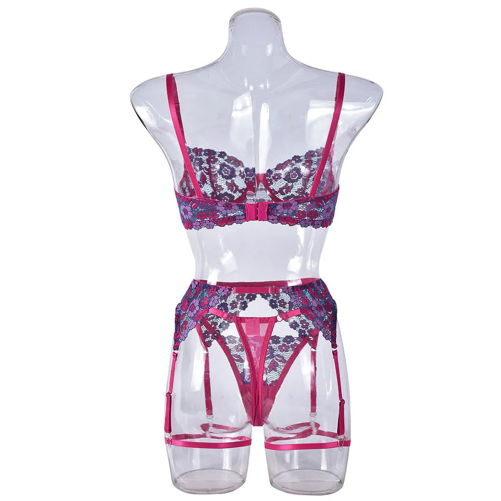 Women's contrast colour embroidered bikini set in rose red, polyester fabric, shown flat lay
