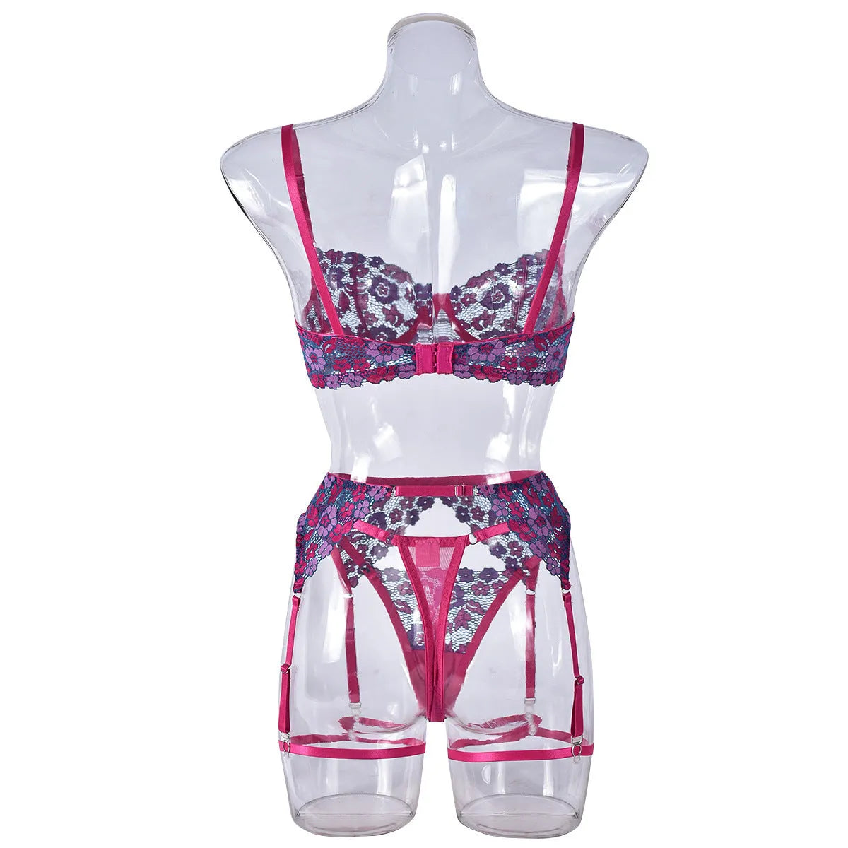 Women's contrast colour embroidered bikini set in rose red, polyester fabric, shown flat lay