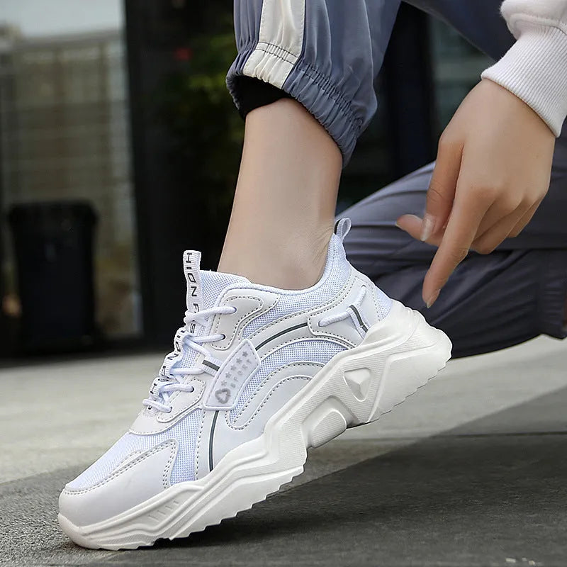 Women's white mesh casual sports shoes with thick PU sole and round toe