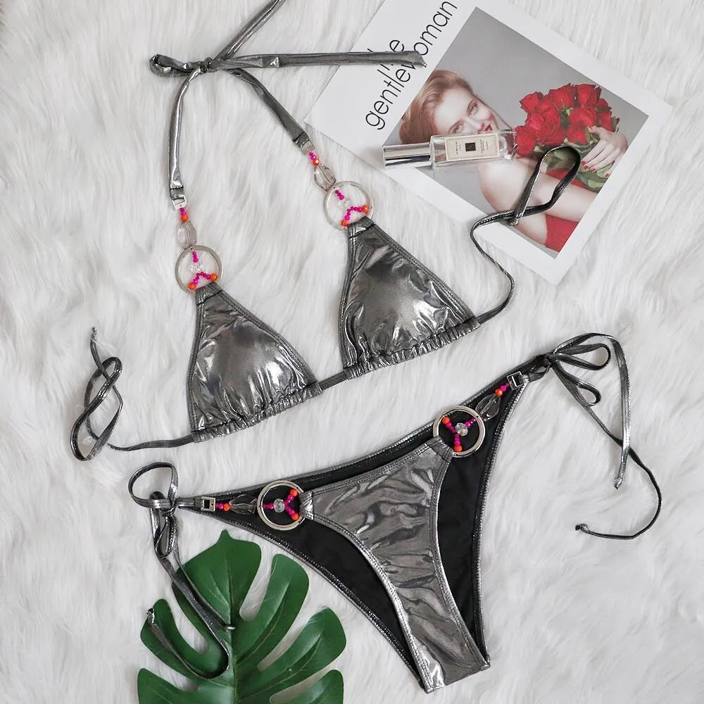 Women's silver solid colour split bikini swimsuit set on female model