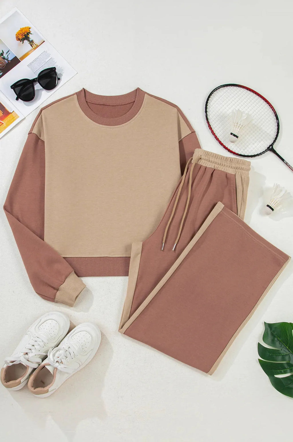 Women's European style camel cotton casual suit set with long trousers on hanger