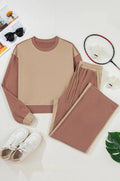 Women's European style camel cotton casual suit set with long trousers on hanger