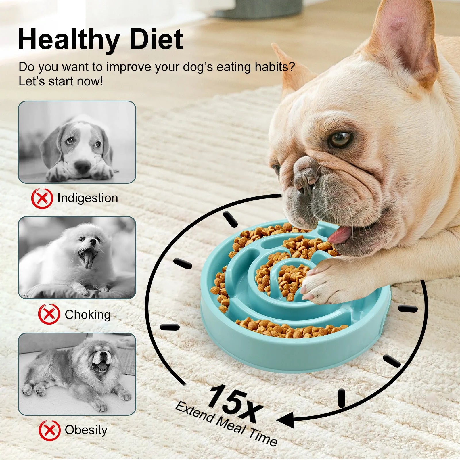 Silicone slow feeder dog bowl with labyrinth puzzle design in blue, green, and pink colours for safe eating