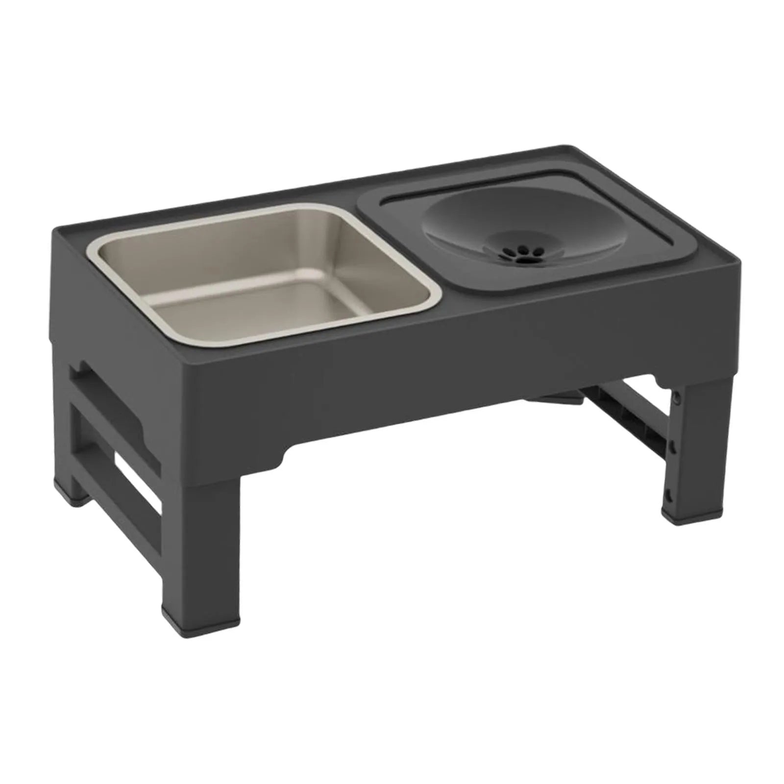 Adjustable raised dog bowl stand with slow feeder and water bowl, black, for small medium large dogs