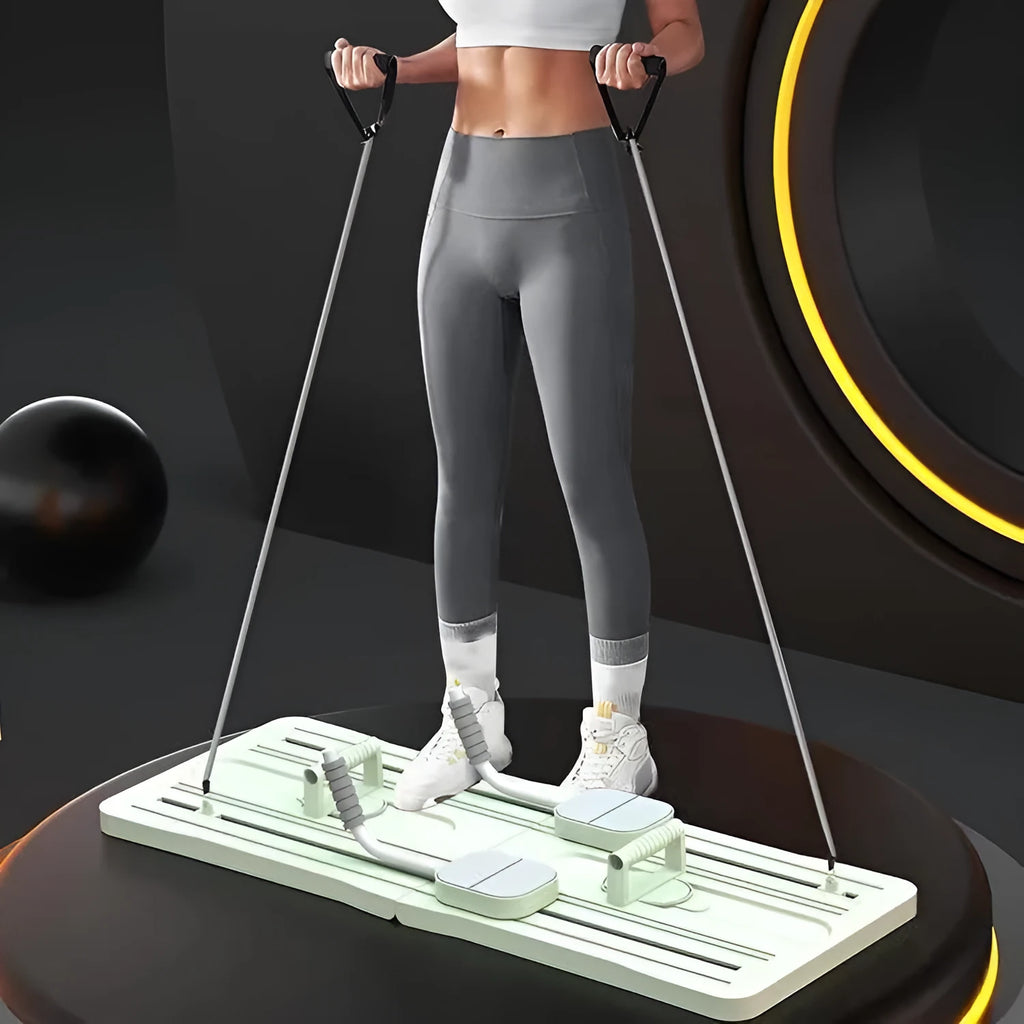 Foldable purple PP belly panel fitness board for core workouts laid flat on a floor.
