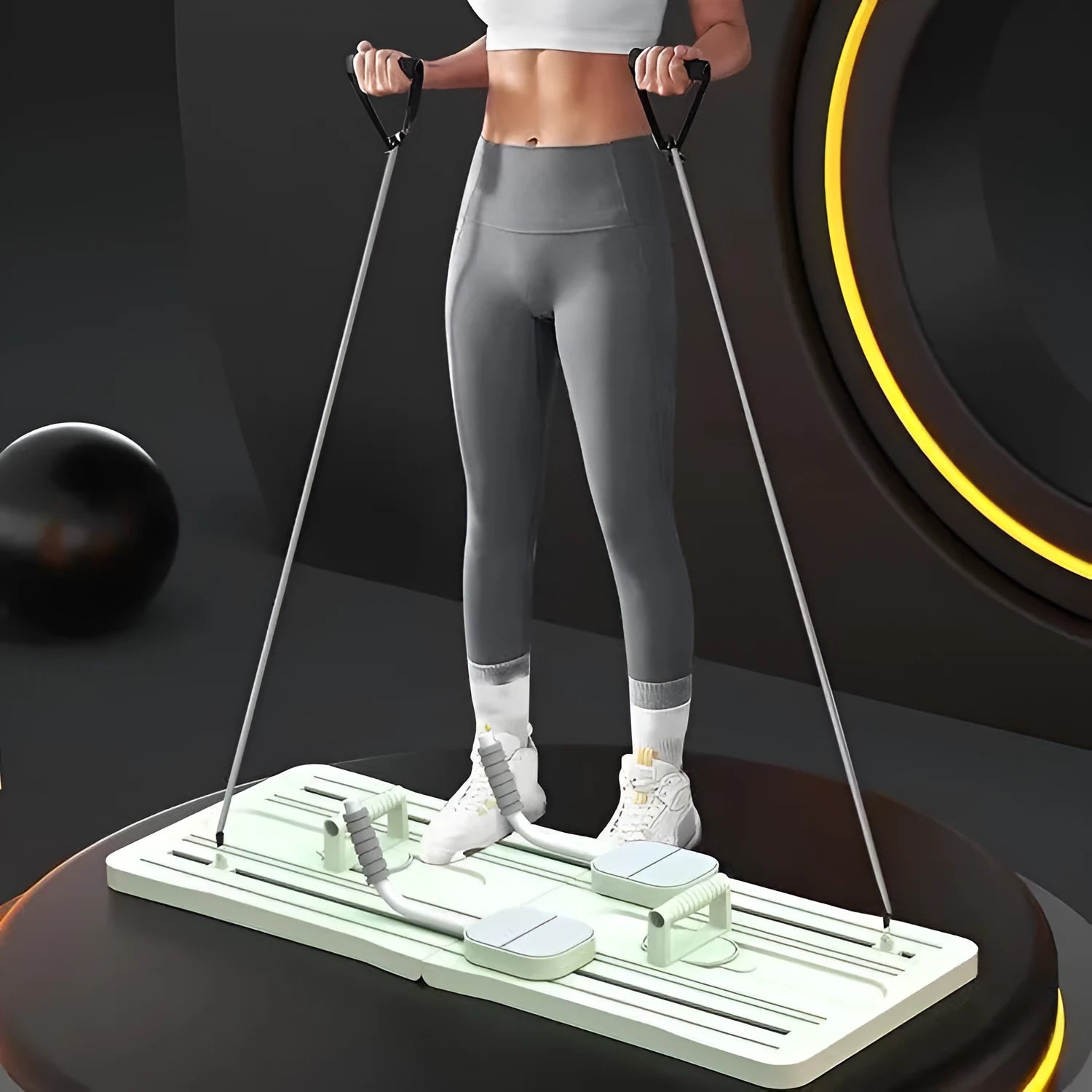 Foldable purple PP belly panel fitness board for core workouts laid flat on a floor.
