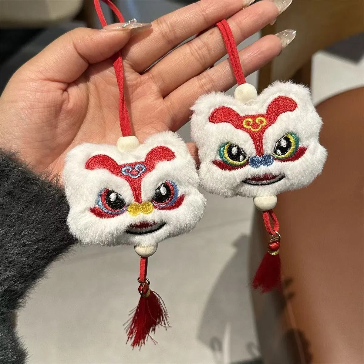 Handmade Chinese style plush lion tassel keychain ornament with Star Stone details in blue or yellow colour