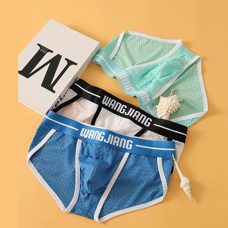 Men's mesh breathable ice silk triangle underwear in solid colours, quick dry sports briefs