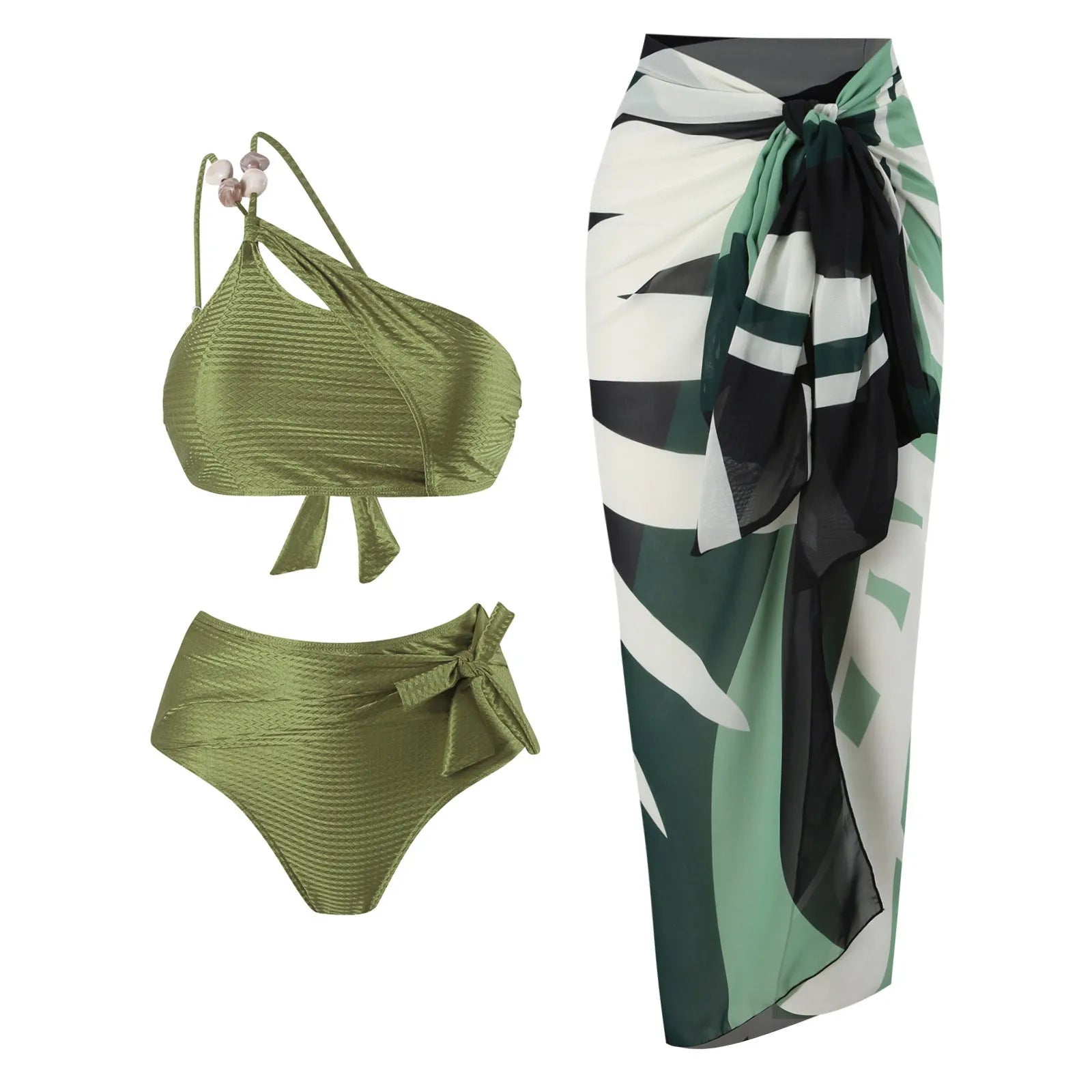 Women's push up bikini high waist split swimsuit with chiffon dress overlay in black brown and green nylon polyester fabric