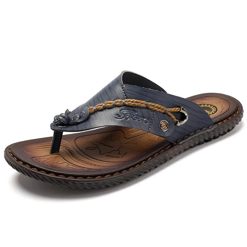 Men's black PU leather casual slippers with a non-slip sole, shown in size 42.