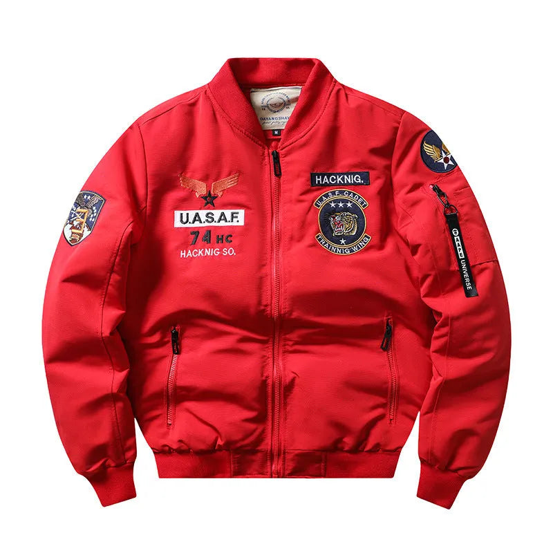 Men's slim-fit retro motorcycle coat with Harley embroidery on chest, stand collar, and patch pockets.