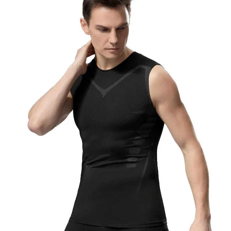 Men's quick-drying breathable slim fit stretch vest in black for running and fitness with flat lay view