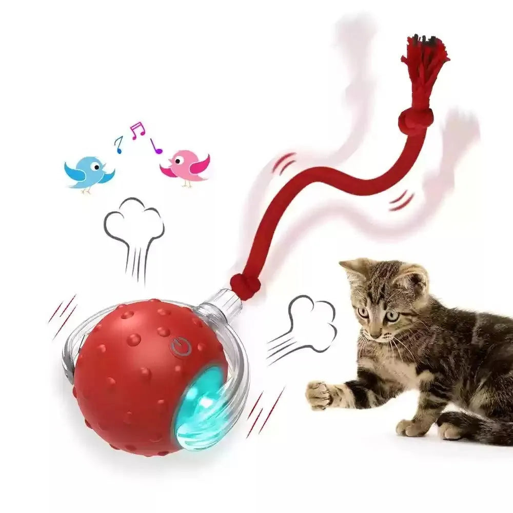 Interactive Super Drive cat rolling ball in blue and red colour options on a light floor