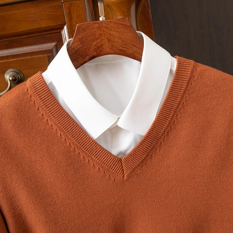 Men's V-neck knitted sweater in viscose blend, ribbed hem, available in multiple colours including grey and navy