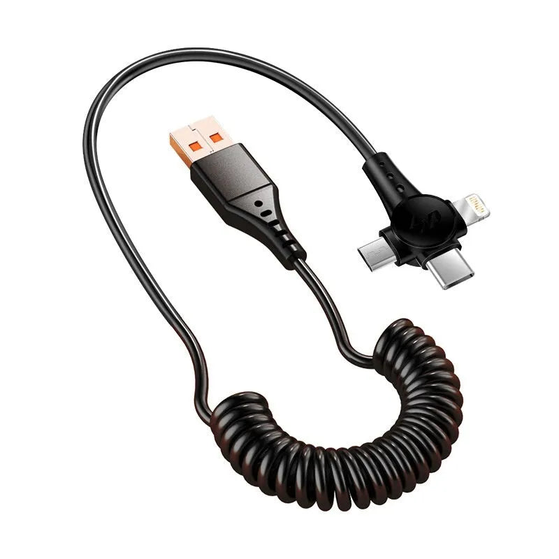 Super fast charge spring telescopic three-in-one data cable 1.5m TPE black with Type-C, Lightning, and Micro USB connectors