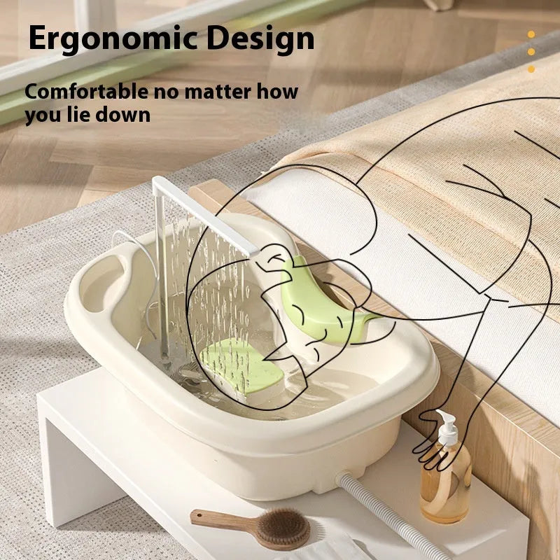 Shampoo basin for bed use with head pillow and water pump in light pink and beige colours