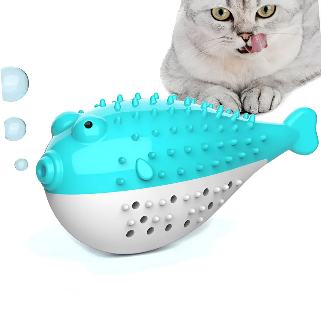 Silicone fish-shaped cat chew toy and teaser in blue, green, pink, or yellow colours measuring 12.2cm